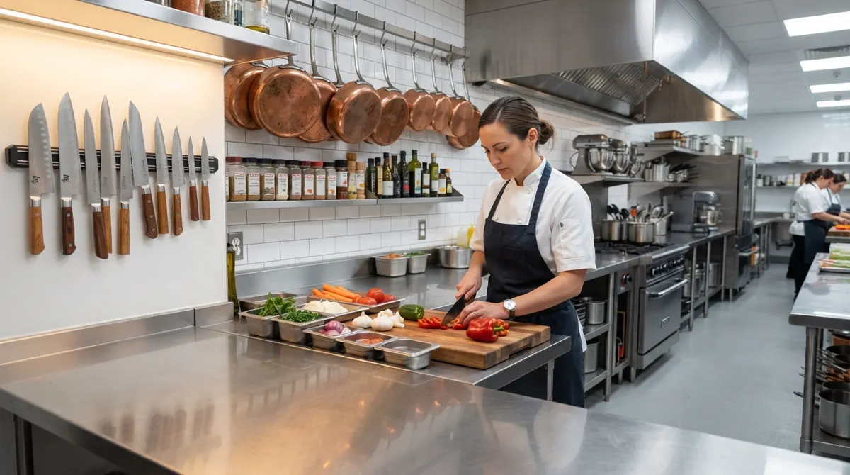 Chef preparing food in a commercial kitchen